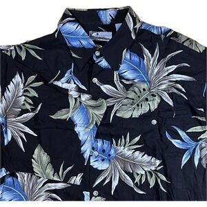 VTG Corsini‎ Mens L Black Blue All Over Tropical Rayon Camp Short Sleeve Shirt